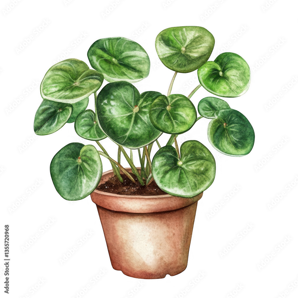 a watercolor illustration of a lush pilea plant in a terracotta pot showcasing its vibrant green leaves and natural beauty ideal for plant lovers and decor enthusiasts a watercolor illustration of a lush pilea plant in a terracotta pot showcasing its vibrant green leaves and natural beauty ideal for plant lovers and decor enthusiasts
