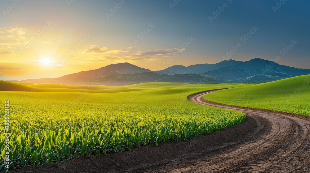 Obraz premium Scenic Rural Landscape Sunrise Winding Road Green Fields Mountains