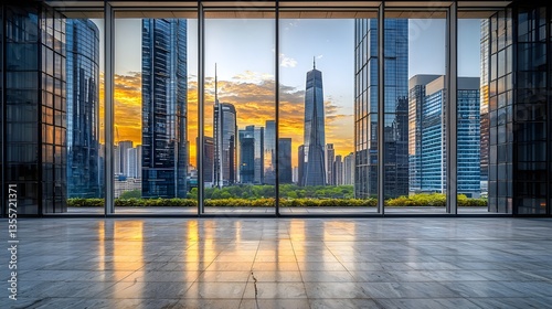 Stunning Sunset View of City Skyline Reflected in Modern Glass Windows of an Urban Building