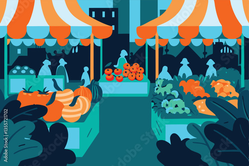 Create a vibrant, bustling marketplace scene overflowing with diverse, colorful food stalls and vendors.  Focus on textures and rich colors.