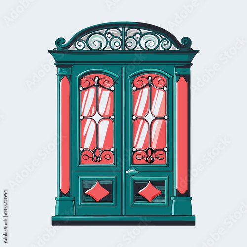 A meticulously detailed image of a vintage Victorian-era front door, featuring ornate woodwork and a vibrant stained-glass window panel.