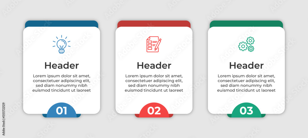 Obraz premium Three white cards with a lightbulb a checklist and gears.