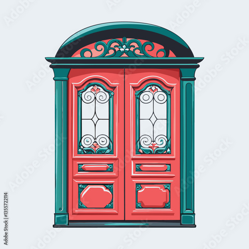 A highly detailed image of a vintage Victorian-era front door featuring intricate stained-glass panels, ornate woodwork, and a brass door knocker.