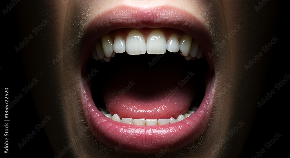 Naklejka premium Open Mouth Showing Teeth and Tongue in Dark Dramatic Lighting
