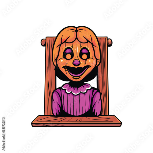 A weathered wooden ventriloquist dummy, unsettlingly lifelike, with cracked paint and vacant eyes, stares blankly ahead.  Its expression is subtly sinister.