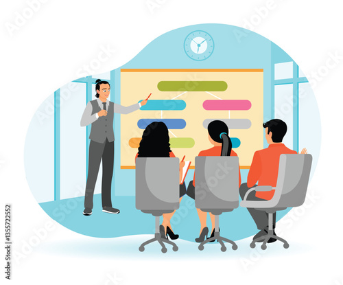 Business meeting. leader standing in front of whiteboard explaining company performance.