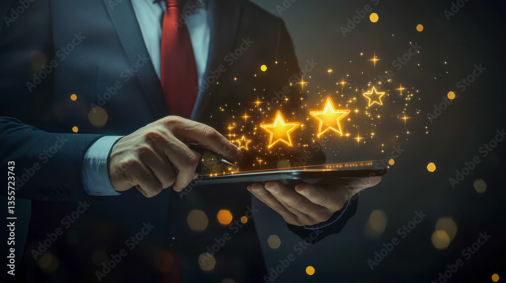 Businessman Rating a Service with Glowing Digital Stars on a Tablet