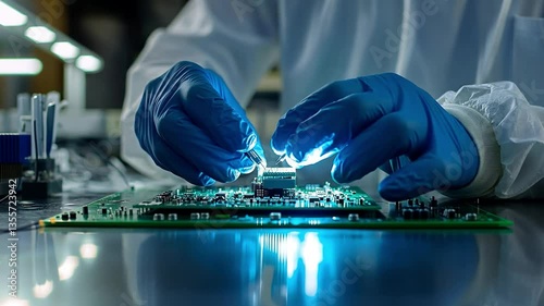Tech Assembly: A skilled technician in protective gloves and attire meticulously works on a circuit board. Capturing the essence of precision and technological innovation in a modern, clean setting.