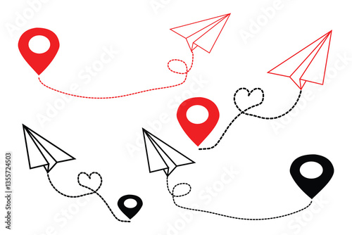 Paper plane icon set. Airplane icon with destination. Realistic paper planes collection.  Plane route symbol. Paper Plane doodle Vector Illustration. paper airbus icon set in red, yellow color.
