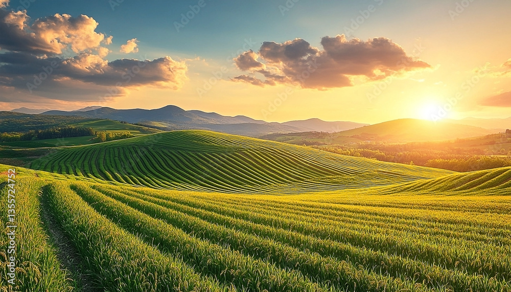 Golden Sunrise over Rolling Green Fields with Rows of Rice Plantations Golden Sunrise over Rolling Green Fields with Rows of Rice Plantations