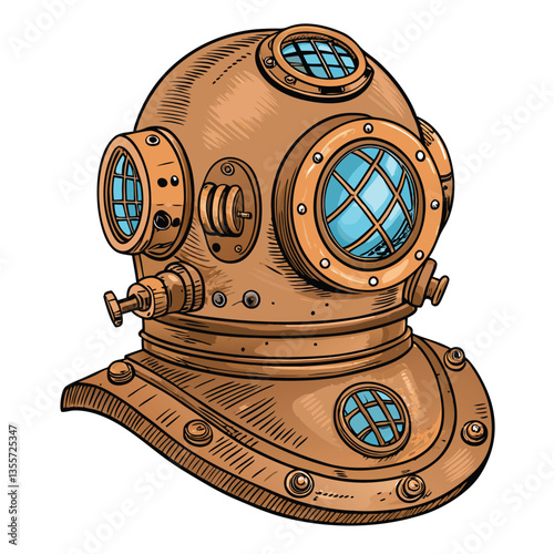 Design a vector illustration of a classic deep-sea diver, rendered with bold, impactful strokes, emphasizing dramatic lighting and texture.