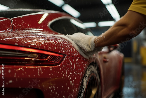 Close-up view of a person hand washing a red car with a white cloth and soap
