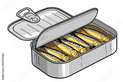 Create a bold, vector illustration of a classic sardine can, emphasizing strong lines and vibrant colors.  Include detailed label design.