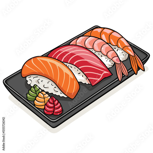 Design a bold, vector illustration of a classic sushi platter featuring various sushi rolls, nigiri, and garnishes.  Emphasize strong, graphic lines and shapes.