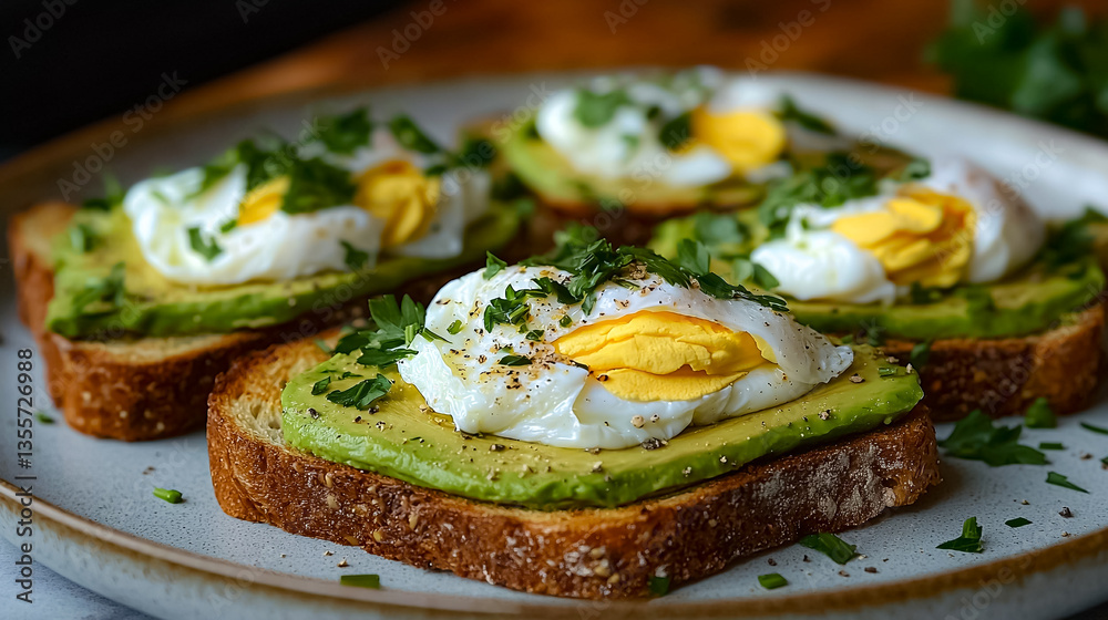 Avocado Toast Topped with Poached Eggs and Fresh Herbs on a Rustic Plate Avocado Toast Topped with Poached Eggs and Fresh Herbs on a Rustic Plate