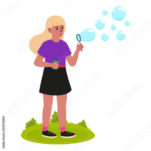 Girl blowing bubbles outdoors on a sunny day in a grassy park
