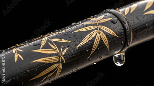 Exquisite Katana Detail: A close-up captures the elegant details of a katana, revealing its intricate bamboo leaf design with water droplets against a black background.