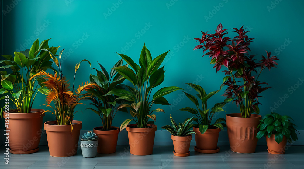 Potted plants sit in a row against a blue wall, lit by sunlight. Potted plants sit in a row against a blue wall, lit by sunlight.
