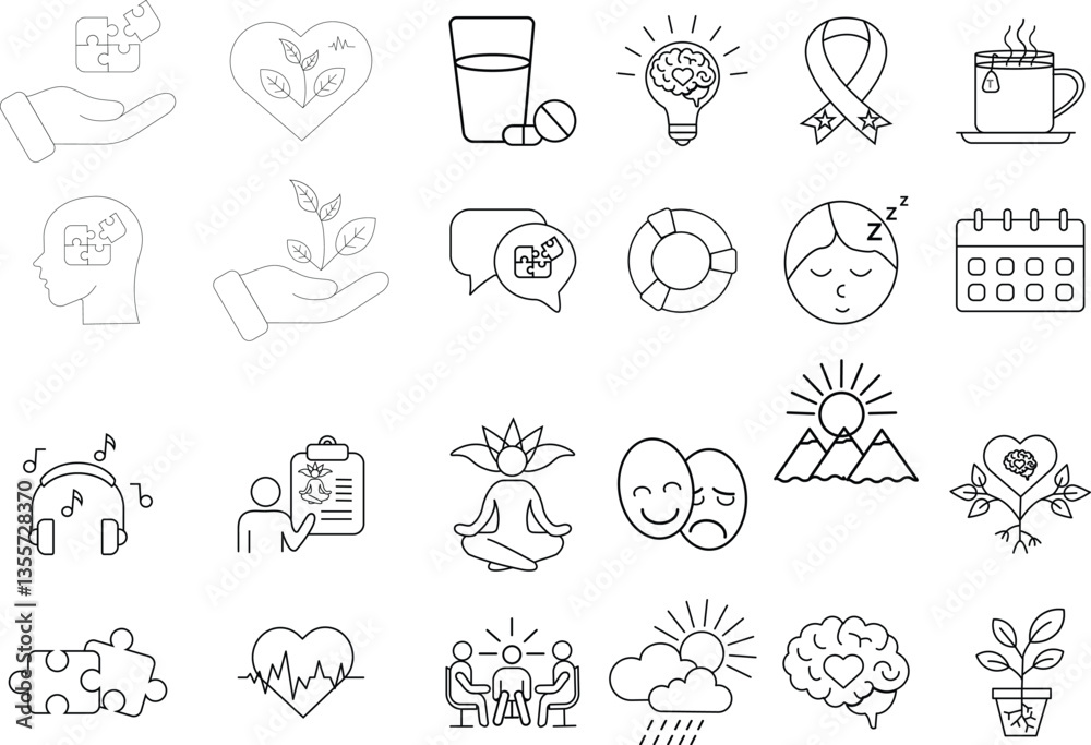 Fototapeta premium Mental health and wellness outline icons set with transparent background — meditation, therapy, relaxation, self-care, motivation symbols