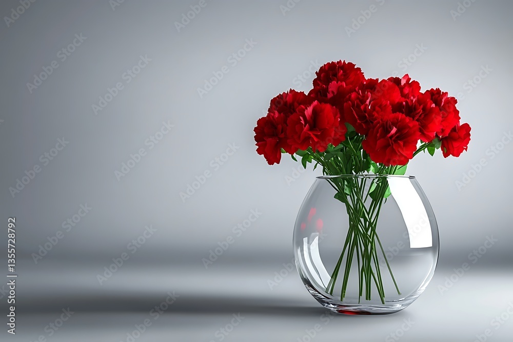 Fototapeta premium Red carnations in glass vase on a gray background, studio setting, for gifts, celebration