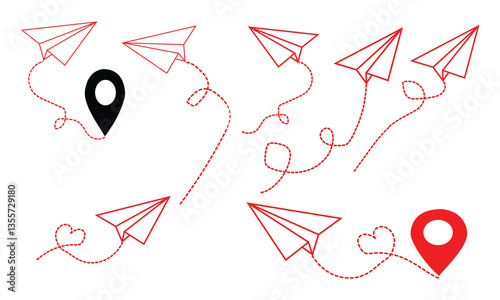 Paper plane icon set. Realistic paper planes collection. Airplane icon set. Plane route symbol. Paper Plane doodle Vector Illustration. paper airbus icon set in red, yellow color.  Plane sketch.