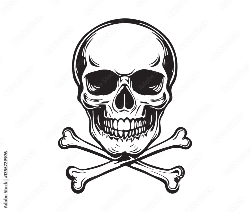 Fototapeta premium Silhouette Skull And Crossbones On Black. Spooky Skull & Bones Illustration for T-Shirts