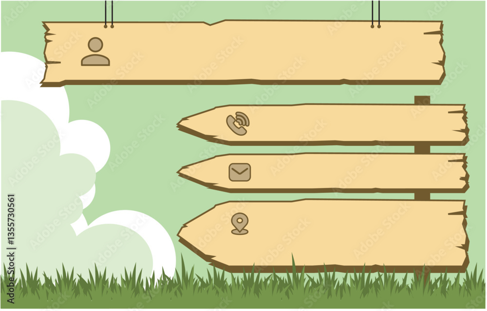 Obraz premium Cartoon Cute Style Contact Information Quick Note Card Template Premade Vector Graphic Design Element Grass phone Mail Cloud Wood