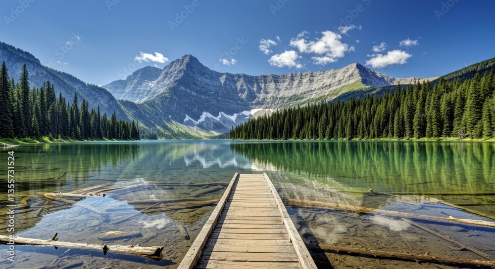 Mountain Lake Serenity Wooden Dock and Stunning Peak Reflections Mountain Lake Serenity Wooden Dock and Stunning Peak Reflections