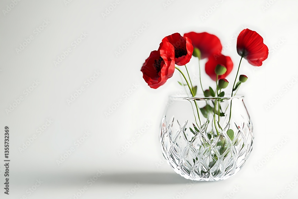 Fototapeta premium Red poppies bloom in a glass vase, set against a simple white background for elegant display