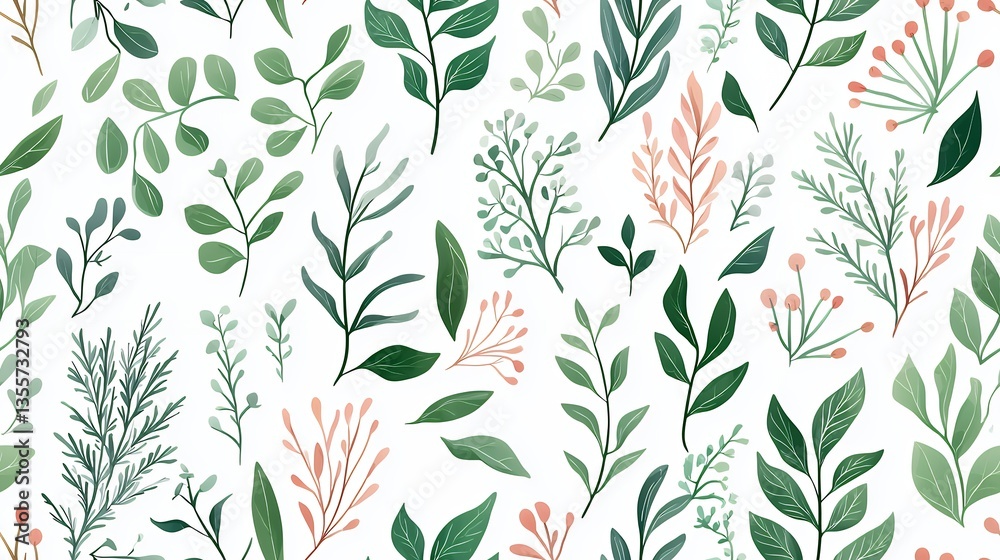 Seamless Green and Pink Botanical Floral Pattern on White Background Seamless Green and Pink Botanical Floral Pattern on White Background