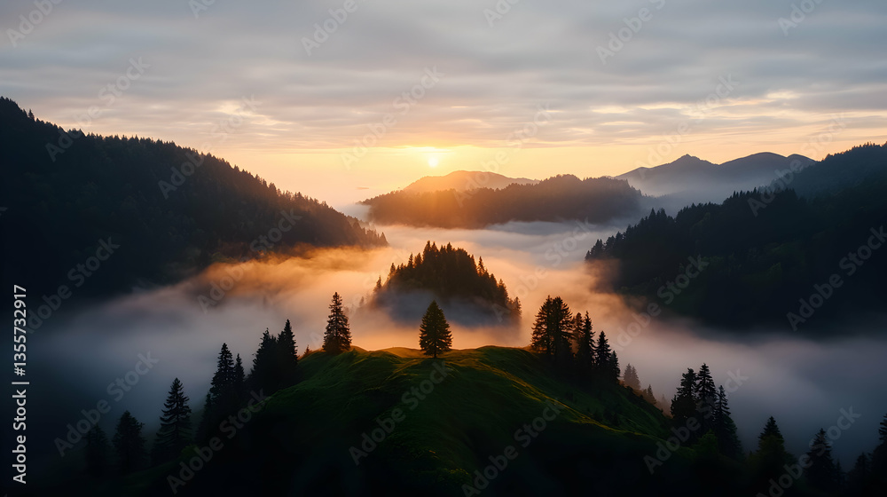 Fototapeta premium Sunrise Over Misty Mountain Landscape