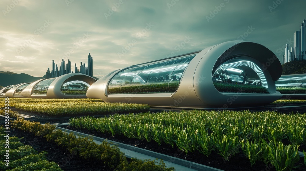 Obraz premium Futuristic smart farm showcases robotic harvesters and hydroponic greenhouses in a modern agricultural landscape