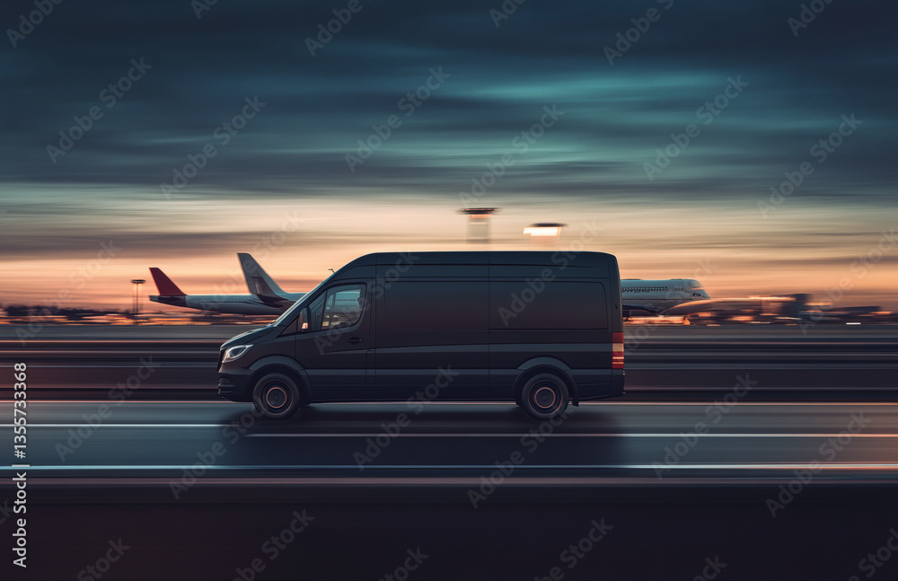 Naklejka premium Black Van Driving at High Speed on Airport Runway During Dusk with Airplanes in the Background under Dramatic Sky