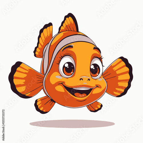 A cheerful cartoon fish with a yellow body and large blue fins, smiling brightly. The character features exaggerated eyes and a playful expression, perfect for children's illustrations, educational