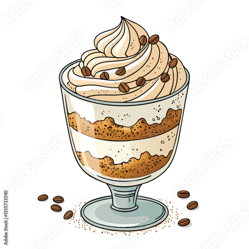 Create a bold, vector illustration of a frozen tiramisu dessert, emphasizing texture and rich colors.  Include cocoa powder dusting.