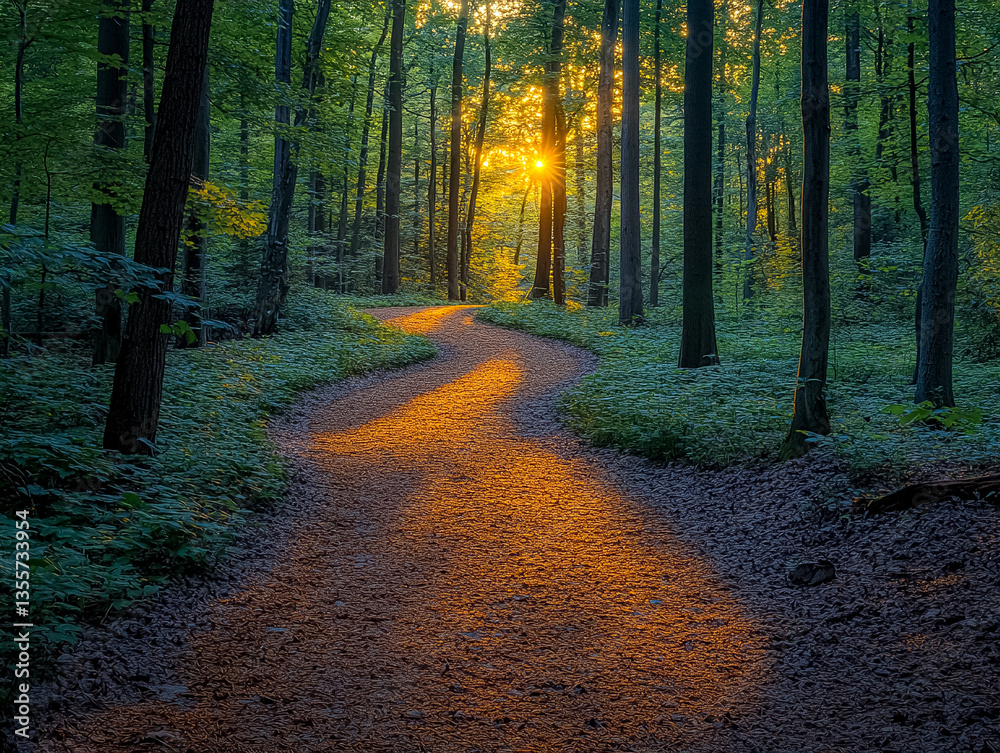 Obraz premium Serene Forest Path Illuminated by Sunlight Through Lush Green Trees at Sunrise