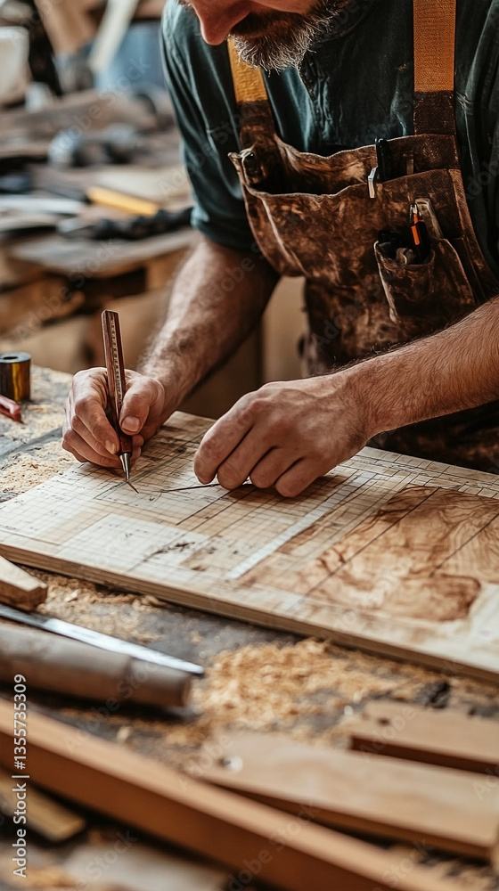 A skilled carpenter meticulously uses a precision grid for woodworking design A skilled carpenter meticulously uses a precision grid for woodworking design