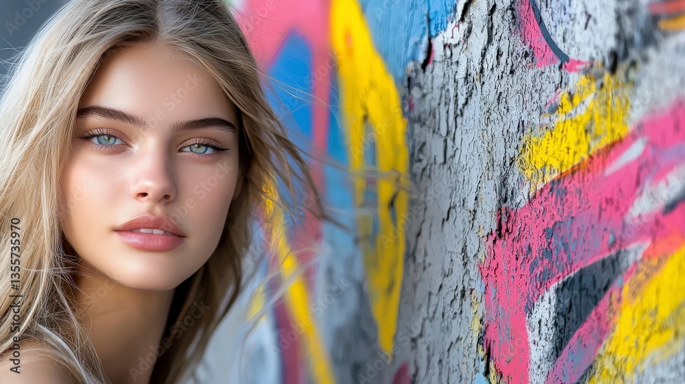 Fototapeta premium Mysterious Woman by Graffiti Wall Urban Beauty Colorful Street Art
