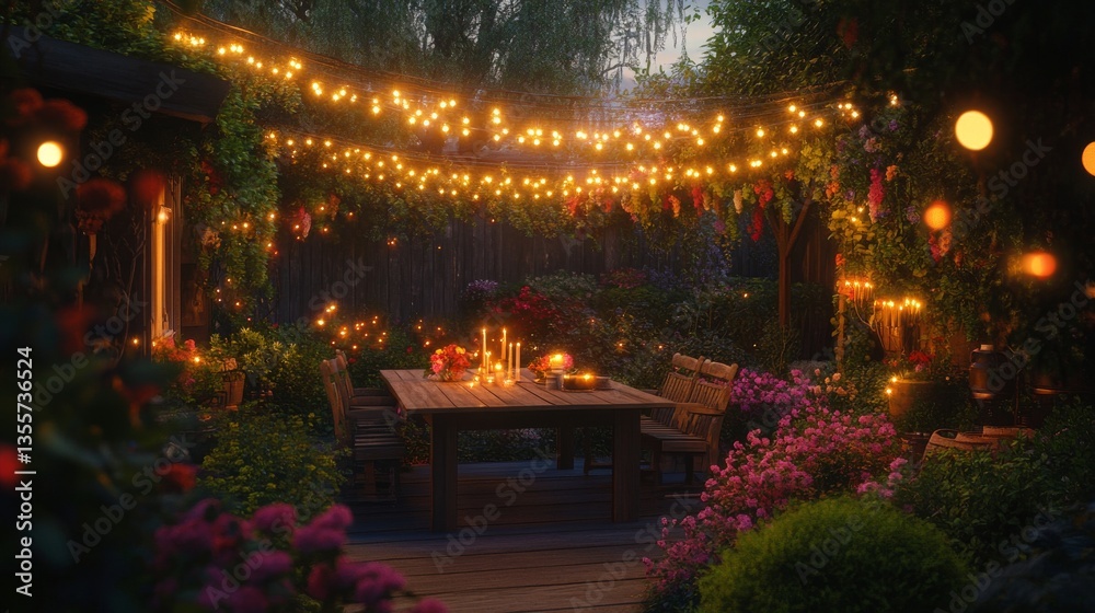2.A cozy suburban patio illuminated by warm string lights draped above, surrounded by vibrant flower beds and neatly trimmed hedges; a wooden table set with candles and refreshments, with soft 2.A cozy suburban patio illuminated by warm string lights draped above, surrounded by vibrant flower beds and neatly trimmed hedges; a wooden table set with candles and refreshments, with soft