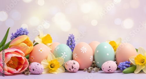 Pastel Easter Eggs with Spring Flowers