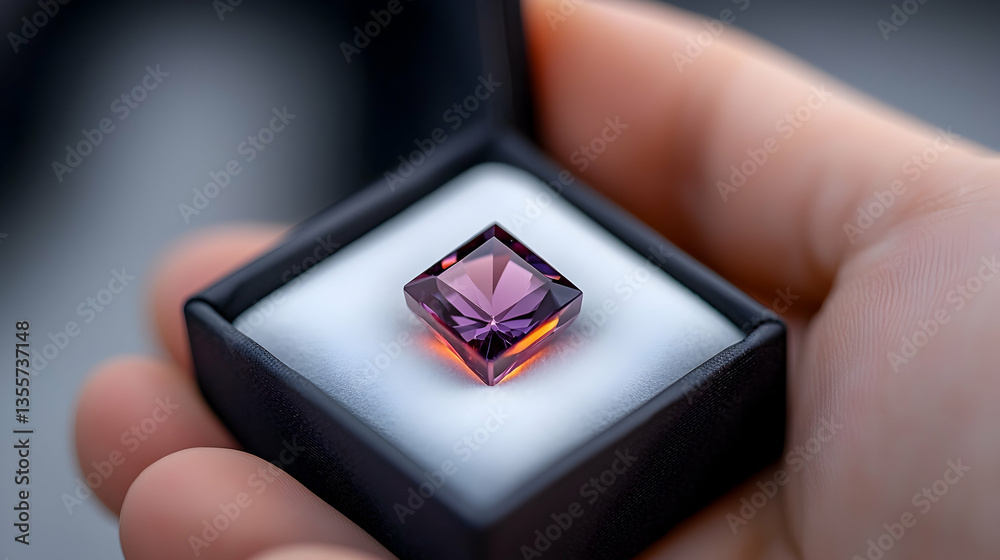 Close-up of a Purple Square-Cut Gemstone in a Black Velvet Box Close-up of a Purple Square-Cut Gemstone in a Black Velvet Box