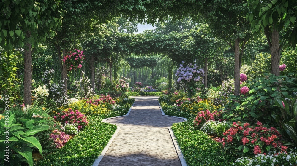Obraz premium 27.A lush garden scene showcasing a mix of flowering plants in full bloom, neatly edged pathways, and thick, healthy foliage creating a natural canopy of greenery.