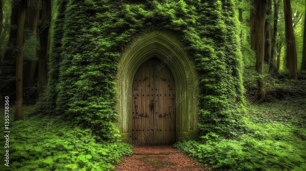 Fototapeta premium Mysterious wooden door in lush green forest setting