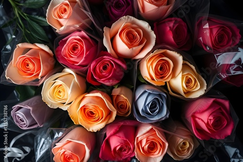 Intense jet black overhead image of multicolored roses wrapped in various shades of cellophane, emphasizing deep shadows and a mystic, enchanting, dreamlike, ethereal quality with gentle color contras photo