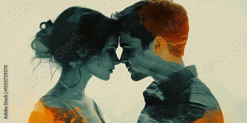 Double exposure captures romantic couple touching foreheads gently