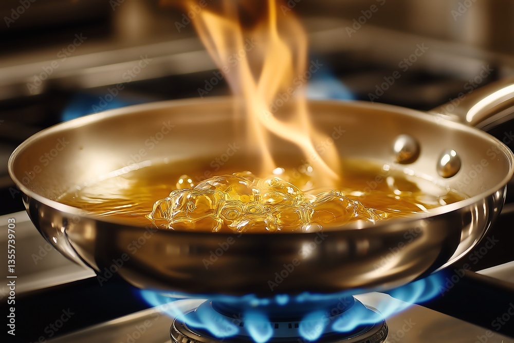 Bubbling Oil Fire in Frying Pan Over Blue Gas Flames, Kitchen Hazard Awareness Bubbling Oil Fire in Frying Pan Over Blue Gas Flames, Kitchen Hazard Awareness