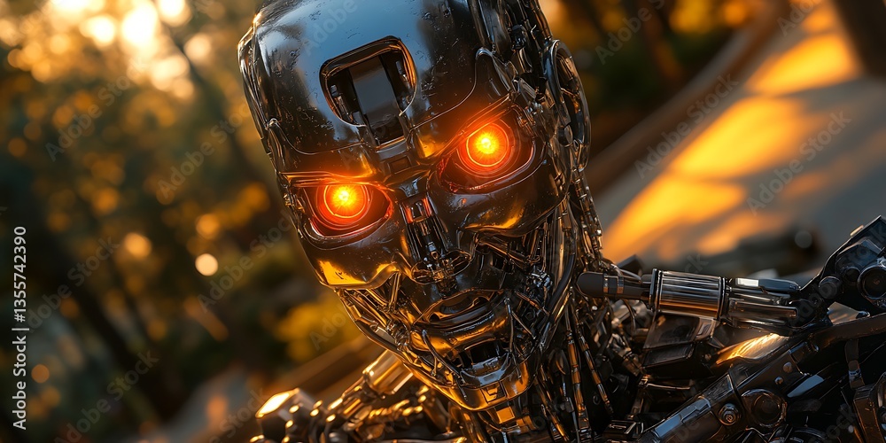 Fototapeta premium Metal Robot Head Outdoors.