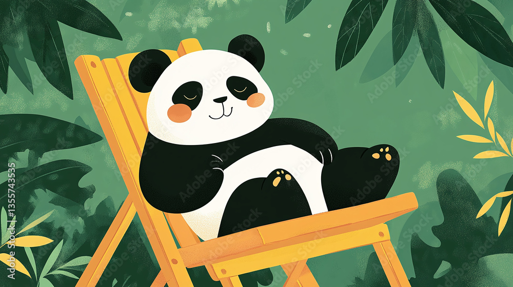 Naklejka premium 大熊猫在竹林躺椅上乘凉