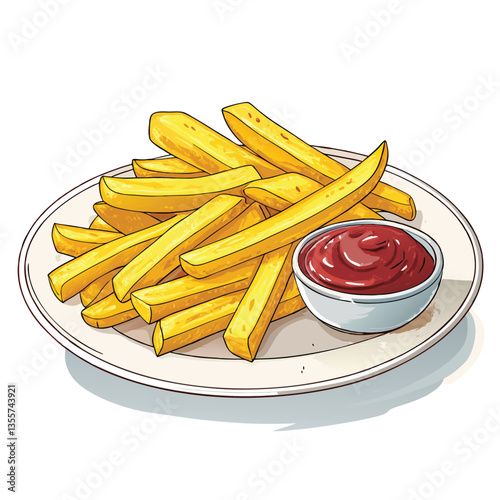 Create a bold vector illustration of a plate overflowing with crispy golden-brown fries, emphasizing texture and vibrant color.