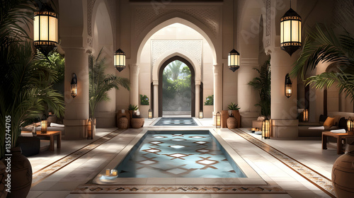 Serene Courtyard Pool with Warm Lighting and Stone Architecture